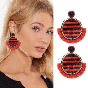 UGA Red & Black Beaded Round Earrings Rhinestone Edge Fringe Gameday Team NEW